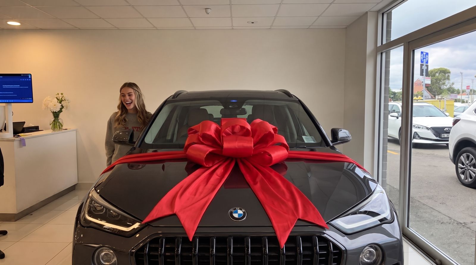 Smiling customer standing beside her new SUV with a large red bow on the bonnet at a dealership
